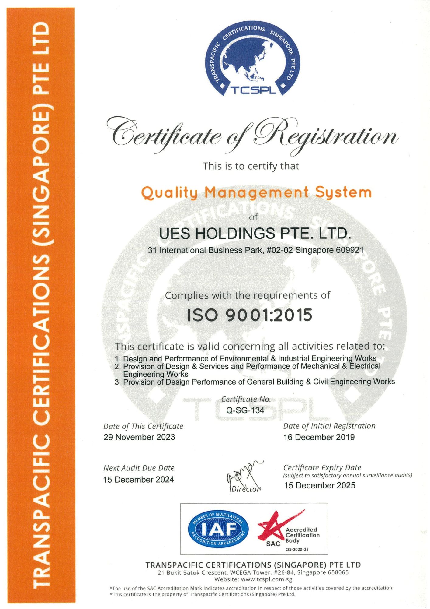 ISO 9001 : 2015 | UES Holdings Pte Ltd